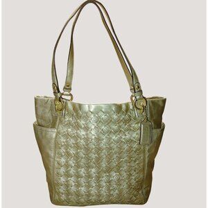 Coach North South Leather Gold Metallic Tote Handbag Bag Woven Dual Handles